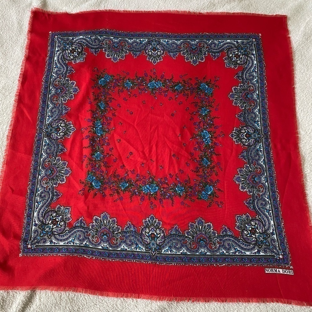 Norma Dori vintage scarf red with paisley border and blue rose floral detailing